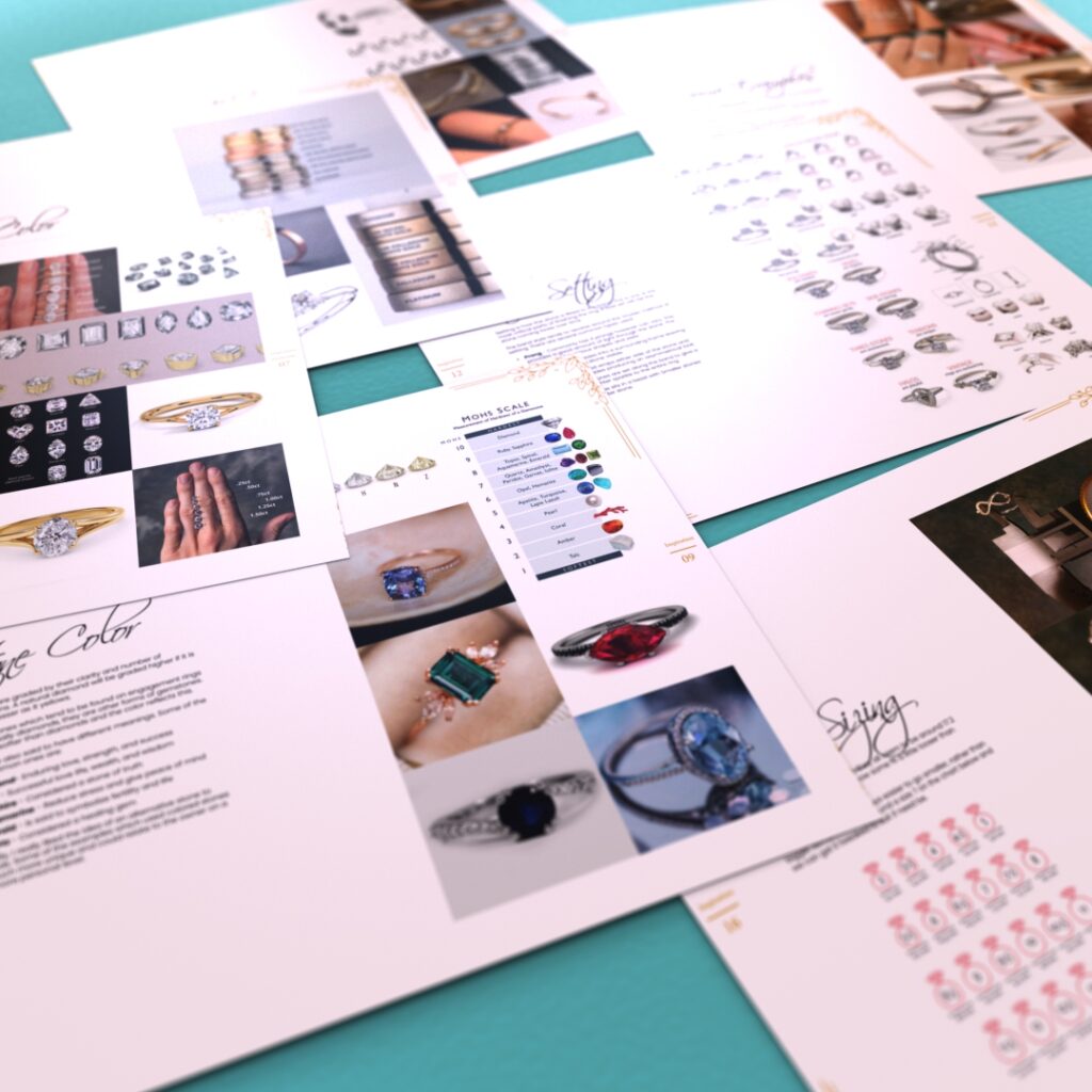 Several printed jewellery guides and charts are spread out on a flat, teal surface, showcasing CAD designs and information about rings, gemstones, and styles—ideal references for any freelance industrial designer focused on design for manufacture.